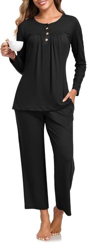 طقم بيجامة نسائي بيجامة بأكمام طويلة للنساء طقم مكون من قطعتين طقم صالة ناعم Pj طقم ملابس نوم خريفي مع جيوب in Kuwait