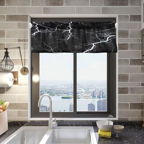 Black Wild Marble Lightning Kitchen Valances Curtain, Black White Marble Texture Small Window Curtain Valance for Bedroom Bathtoom Sink Rod Pocket One Panel 54 x 18 Inch in Saudi Arabia
