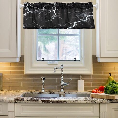 Black Wild Marble Lightning Kitchen Valances Curtain, Black White Marble Texture Small Window Curtain Valance for Bedroom Bathtoom Sink Rod Pocket One Panel 54 x 18 Inch in Saudi Arabia