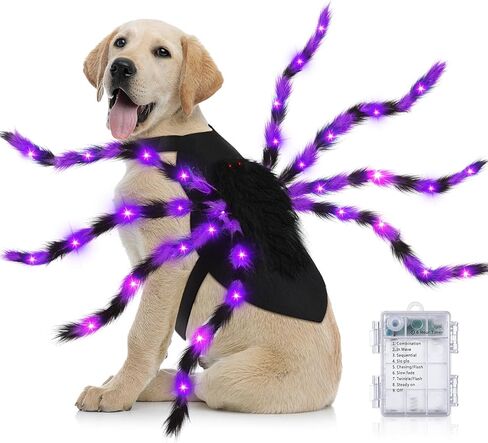 JaGely Halloween Costume for Dog, Dog Spider Costume with 64 LED Purple Lights, Light up Furry Costumes for Medium Large Dogs Funny Cosplay Costume Halloween Party in Kuwait