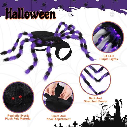 JaGely Halloween Costume for Dog, Dog Spider Costume with 64 LED Purple Lights, Light up Furry Costumes for Medium Large Dogs Funny Cosplay Costume Halloween Party in Kuwait