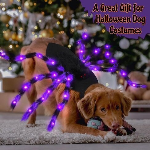 JaGely Halloween Costume for Dog, Dog Spider Costume with 64 LED Purple Lights, Light up Furry Costumes for Medium Large Dogs Funny Cosplay Costume Halloween Party in Kuwait