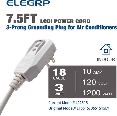 ELEGRP 0651515LY L15515 L22515 14AWG LCDI قابس سلك الطاقة لمكيف الهواء A/C، معتمد من E250451 UL، استبدال قاطع كشف التسرب الحالي 7.5 قدم، 120 فولت 15 أمبير 1800 وات 60 هرتز NEMA 5-15P، عبوة واحدة in Kuwait