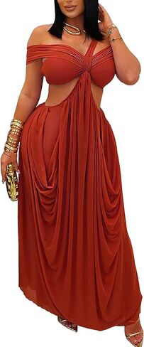 Women Sexy One Shoulder Mesh Ruched Ruffle Mermaid Hem Bodycon Maxi Elegant Cocktail Party Wedding Guest Dress in Kuwait