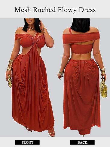 Women Sexy One Shoulder Mesh Ruched Ruffle Mermaid Hem Bodycon Maxi Elegant Cocktail Party Wedding Guest Dress in Kuwait