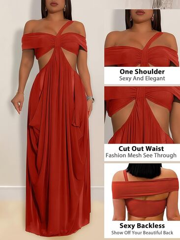 Women Sexy One Shoulder Mesh Ruched Ruffle Mermaid Hem Bodycon Maxi Elegant Cocktail Party Wedding Guest Dress in Kuwait