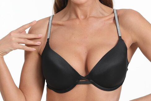 Sexy Push-Up Bras for Women - Black with Sparkle Rhinestone Straps, Plunge Bra Lifts to Add Cup Size, Wear U-Back in Saudi Arabia