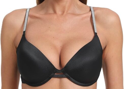 Sexy Push-Up Bras for Women - Black with Sparkle Rhinestone Straps, Plunge Bra Lifts to Add Cup Size, Wear U-Back in Saudi Arabia