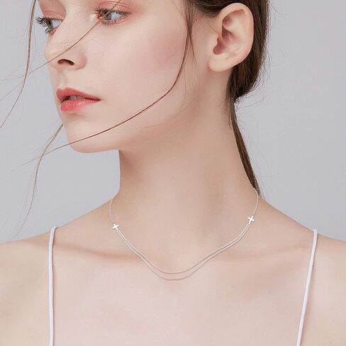 EVER FAITH 925 Sterling Silver Dainty Jewelry Religious Church Layered Double Chain Sideways Cross Choker Necklace for Women in Saudi Arabia
