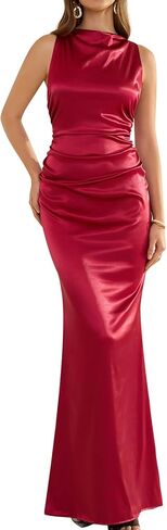 GLNEGE Women's Satin Mock Neck Maxi Formal Dresses Elegant Sleeveless Backless Wedding Guest Evening Party Dress in Kuwait