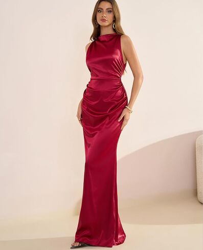GLNEGE Women's Satin Mock Neck Maxi Formal Dresses Elegant Sleeveless Backless Wedding Guest Evening Party Dress in Kuwait