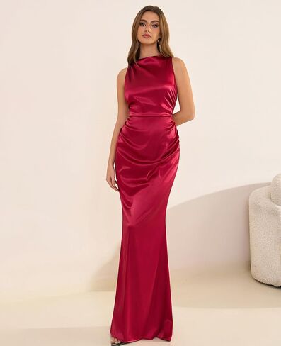 GLNEGE Women's Satin Mock Neck Maxi Formal Dresses Elegant Sleeveless Backless Wedding Guest Evening Party Dress in Kuwait