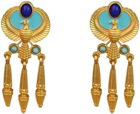 Vintage Egyptian Style Gold Drop Earrings for Women, Winged Falcon Design with Blue and Turquoise Stones, Dangle Statement Fashion Jewelry in Saudi Arabia