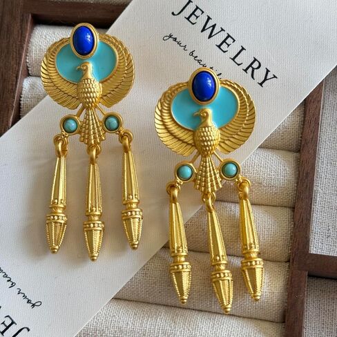 Vintage Egyptian Style Gold Drop Earrings for Women, Winged Falcon Design with Blue and Turquoise Stones, Dangle Statement Fashion Jewelry in Saudi Arabia
