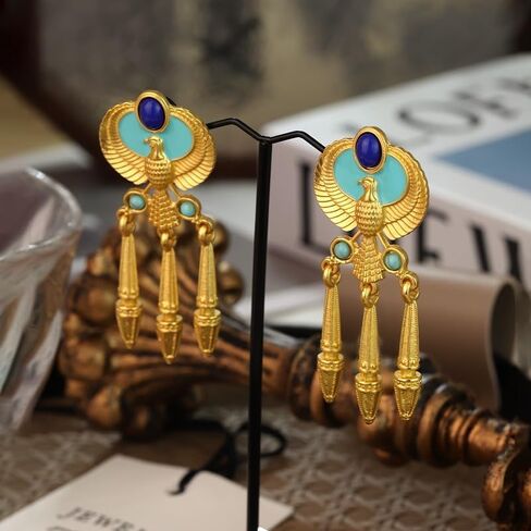 Vintage Egyptian Style Gold Drop Earrings for Women, Winged Falcon Design with Blue and Turquoise Stones, Dangle Statement Fashion Jewelry in Saudi Arabia
