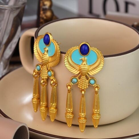 Vintage Egyptian Style Gold Drop Earrings for Women, Winged Falcon Design with Blue and Turquoise Stones, Dangle Statement Fashion Jewelry in Saudi Arabia