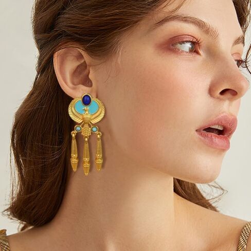 Vintage Egyptian Style Gold Drop Earrings for Women, Winged Falcon Design with Blue and Turquoise Stones, Dangle Statement Fashion Jewelry in Saudi Arabia
