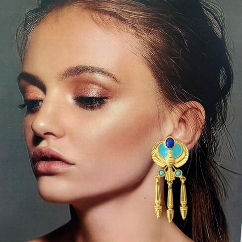 Vintage Egyptian Style Gold Drop Earrings for Women, Winged Falcon Design with Blue and Turquoise Stones, Dangle Statement Fashion Jewelry in Saudi Arabia