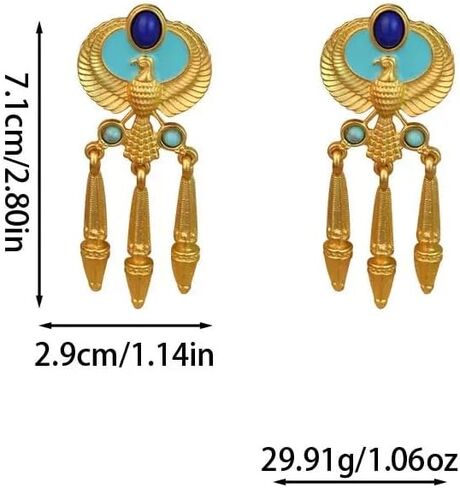 Vintage Egyptian Style Gold Drop Earrings for Women, Winged Falcon Design with Blue and Turquoise Stones, Dangle Statement Fashion Jewelry in Saudi Arabia