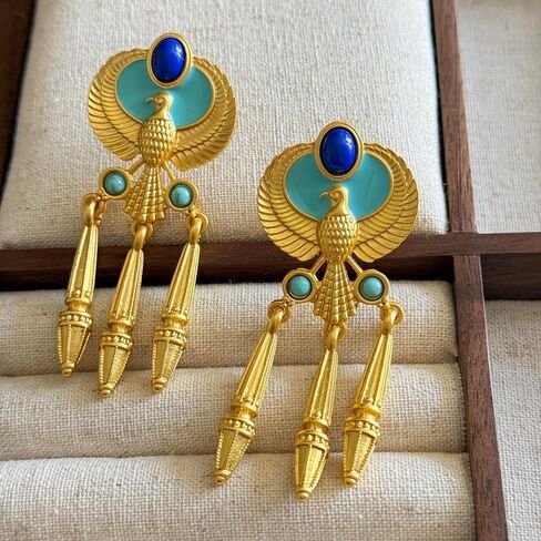 Vintage Egyptian Style Gold Drop Earrings for Women, Winged Falcon Design with Blue and Turquoise Stones, Dangle Statement Fashion Jewelry in Saudi Arabia