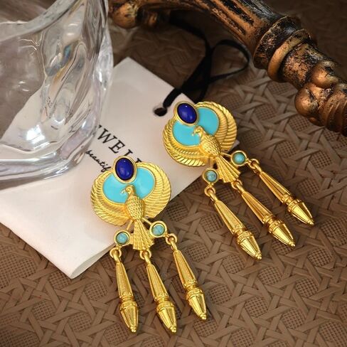 Vintage Egyptian Style Gold Drop Earrings for Women, Winged Falcon Design with Blue and Turquoise Stones, Dangle Statement Fashion Jewelry in Saudi Arabia