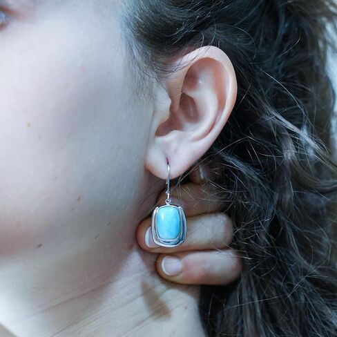 Sterling Silver Larimar Rectangle Dangle Earrings for Women - Natural Blue Gemstone Drop with Leverback Closures in Saudi Arabia