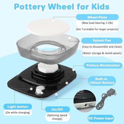 Pottery Wheel for Kids Beginners Adults - 6" Variable Speed Pottery Wheel Tool Kit, 0-440 RPM Speed Adjustable with Rechargeable Battery, 1.8 Lb Air Dry Clay, Art Supplies, Crafts for Adult Teenagers in Kuwait