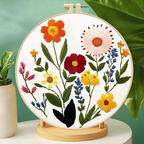 Zhenqing Bees & Flowers Embroidery Kit 11.4x11.4cm - 4-Piece Complete Cross Stitch Set with Pre-Printed Fabric, Threads, Hoop, Needles & Instructions | DIY Craft for Adults, Beginners-Friendly (C0046) in Kuwait