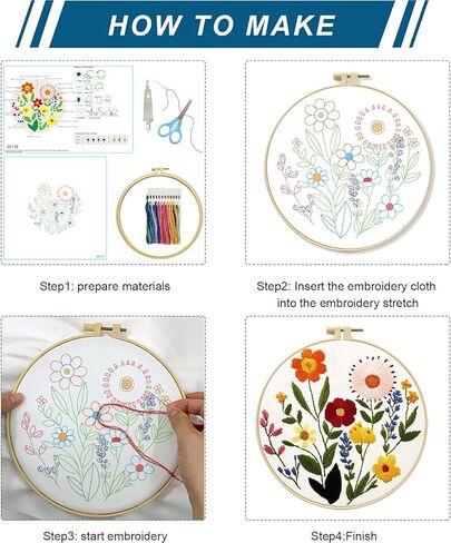 Zhenqing Bees & Flowers Embroidery Kit 11.4x11.4cm - 4-Piece Complete Cross Stitch Set with Pre-Printed Fabric, Threads, Hoop, Needles & Instructions | DIY Craft for Adults, Beginners-Friendly (C0046) in Kuwait