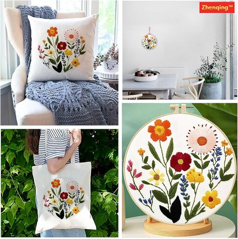 Zhenqing Bees & Flowers Embroidery Kit 11.4x11.4cm - 4-Piece Complete Cross Stitch Set with Pre-Printed Fabric, Threads, Hoop, Needles & Instructions | DIY Craft for Adults, Beginners-Friendly (C0046) in Kuwait