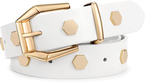 XZQTIVE Women's Leather Belt with Gold Hexagon Studs, Fashion Punk Style in Saudi Arabia