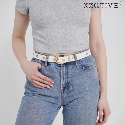 XZQTIVE Women's Leather Belt with Gold Hexagon Studs, Fashion Punk Style in Saudi Arabia