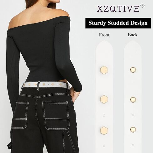 XZQTIVE Women's Leather Belt with Gold Hexagon Studs, Fashion Punk Style in Saudi Arabia