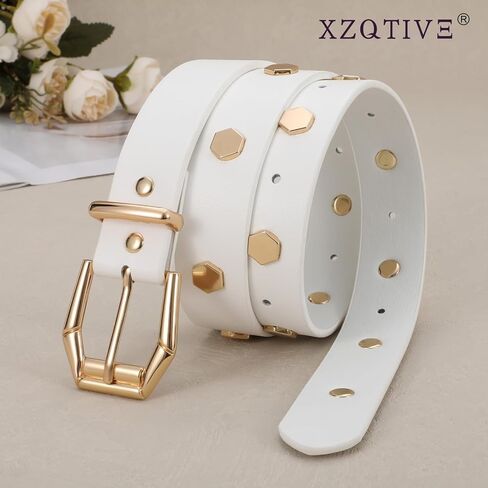 XZQTIVE Women's Leather Belt with Gold Hexagon Studs, Fashion Punk Style in Saudi Arabia