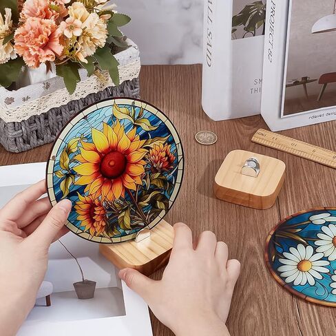 PH PandaHall Wood Display Stand for Stained Glass Piece, 3.9" Rustic Fused Glass Art Base Decorative Plate Stand Holder Easel for Ceramic Tiles, Plates, Pictures, Collectibles, Home Office Trade Show in Saudi Arabia