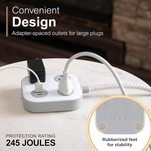 GE-UltraPro 3-Outlet Surge Protector with 4ft Braided Cord, Power Strip, Extension Cord, Flat Plug, 1 USB-A & 1 USB-C Port, 245J, for Home School & Office, White – 81786 in Saudi Arabia