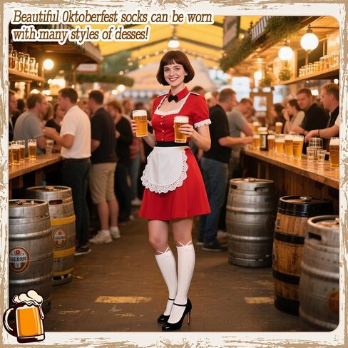 CIEOVO 3 أزواج جوارب Oktoberfest للنساء جوارب طويلة مكشكشة من الدانتيل مع أقواس جوارب بيضاء من الساتان وجوارب بيضاء من الساتان للنساء لوليتا in Saudi Arabia