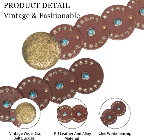 Wide Disc Belt for Women - PU Leather Hollow Out Turquoise Round Belts Vintage Western Cowboy Cowgirl Waist Belt in Saudi Arabia