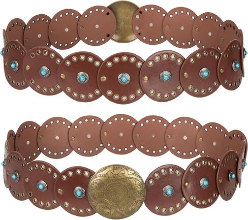 Wide Disc Belt for Women - PU Leather Hollow Out Turquoise Round Belts Vintage Western Cowboy Cowgirl Waist Belt in Saudi Arabia