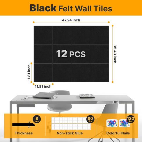 47"x35" Grey Large Cork Board, 12 Packs Felt Wall Tiles, Push Pin Bulletin Board for Office Wall Decor, Organizer and DIY in Kuwait