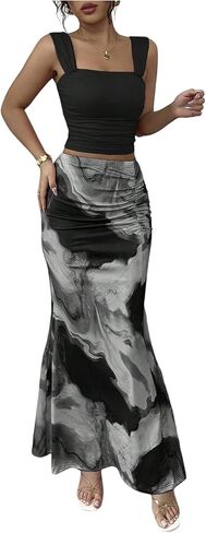 GORGLITTER Women's 2 Piece Sets Sleeveless Tank Top and Tie Dye Ruched Maxi Skirts Set Summer Rave 2 Piece Outfits 2025 in Saudi Arabia
