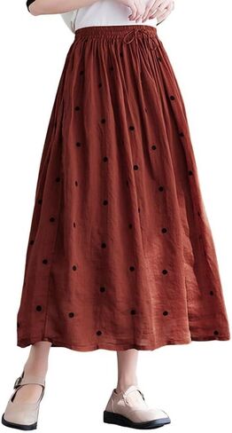 chouyatou Women's Elegant Polka Dot A-Line Skirt Boho Swing Pleated Cotton Midi Long Skirt in Saudi Arabia