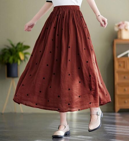 chouyatou Women's Elegant Polka Dot A-Line Skirt Boho Swing Pleated Cotton Midi Long Skirt in Saudi Arabia