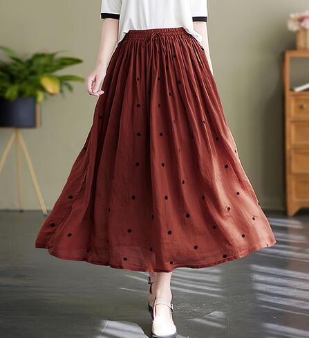 chouyatou Women's Elegant Polka Dot A-Line Skirt Boho Swing Pleated Cotton Midi Long Skirt in Saudi Arabia