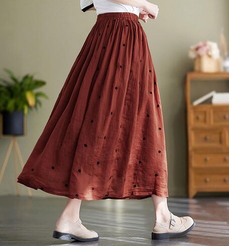 chouyatou Women's Elegant Polka Dot A-Line Skirt Boho Swing Pleated Cotton Midi Long Skirt in Saudi Arabia