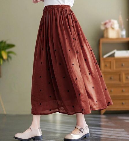 chouyatou Women's Elegant Polka Dot A-Line Skirt Boho Swing Pleated Cotton Midi Long Skirt in Saudi Arabia