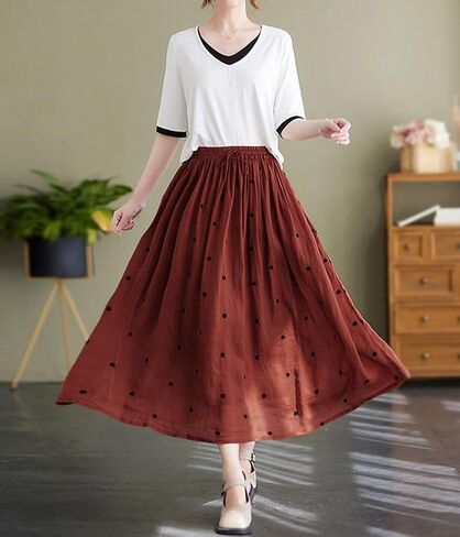chouyatou Women's Elegant Polka Dot A-Line Skirt Boho Swing Pleated Cotton Midi Long Skirt in Saudi Arabia