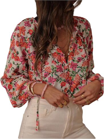 SHENHE Women's Floral Button Down Blouse Lantern Sleeve Tie Neck Dressy Casual Work Shirt in Saudi Arabia