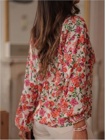 SHENHE Women's Floral Button Down Blouse Lantern Sleeve Tie Neck Dressy Casual Work Shirt in Saudi Arabia