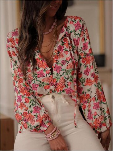 SHENHE Women's Floral Button Down Blouse Lantern Sleeve Tie Neck Dressy Casual Work Shirt in Saudi Arabia